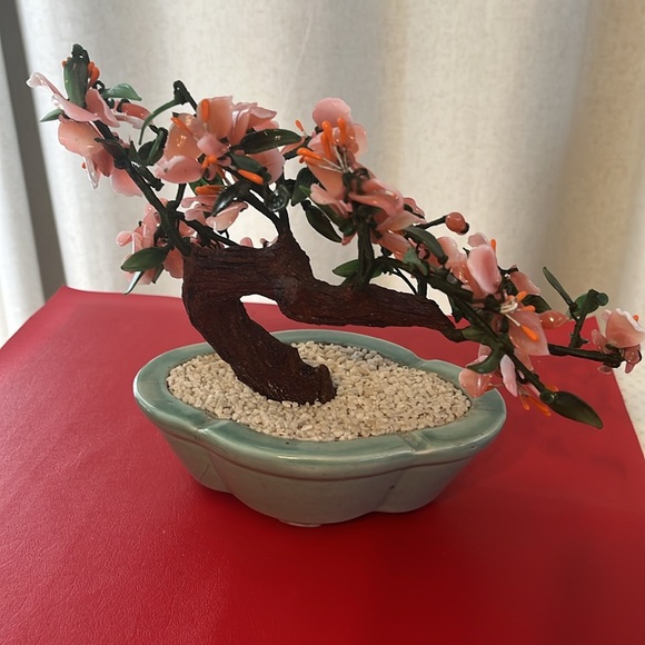 Vtg Bonsai Tree Cherry Blossoms Chinese Jade Glass Petal Celadon pot Pink - Picture 3 of 5